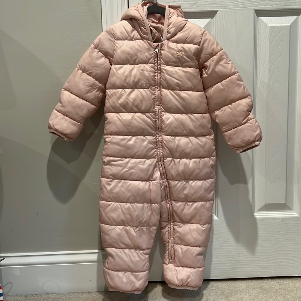 Like new pink baby gap snow suit with arm and feet coverings
